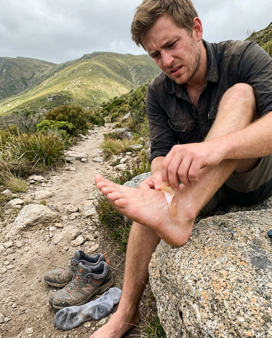 Coureur se soignant une ampoule sur sentier — avant HOMEM