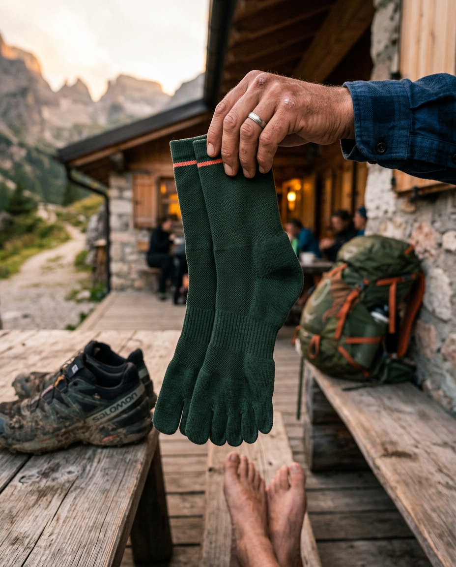 Chaussettes HOMEM 5 orteils tenues devant refuge de montagne Salomon