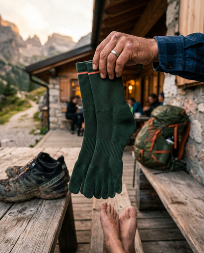 Chaussettes HOMEM 5 orteils tenues devant refuge de montagne Salomon