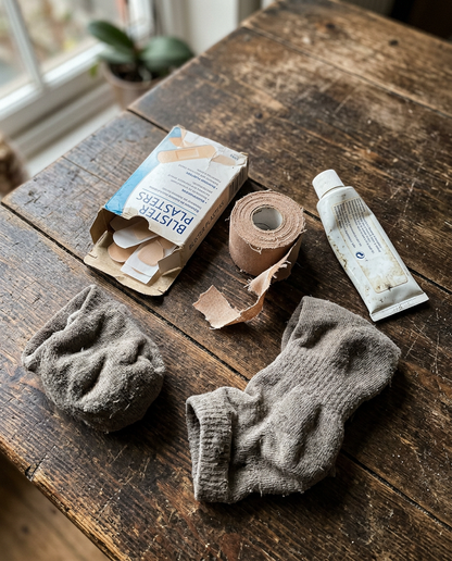 Kit pansements et vieilles chaussettes — l'ancienne solution